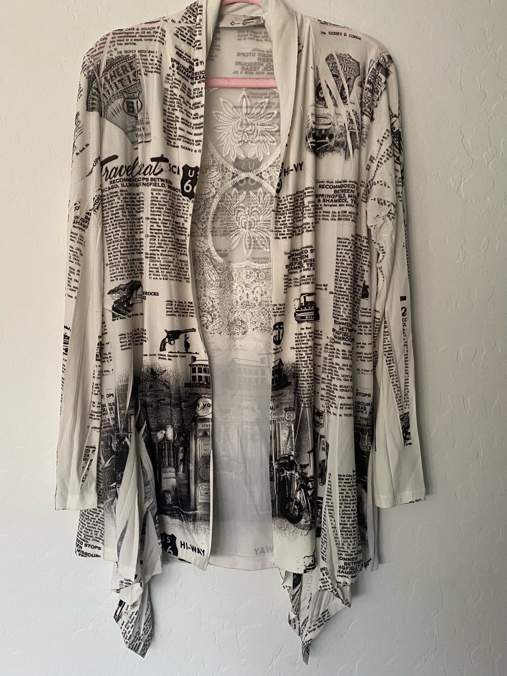 Open-Front Newspaper Print Cardigan - Cream/Black
